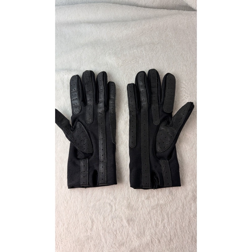 Vintage 80s Isotoner Black Spandex Driving Gloves Genuine Leather Palm Strips